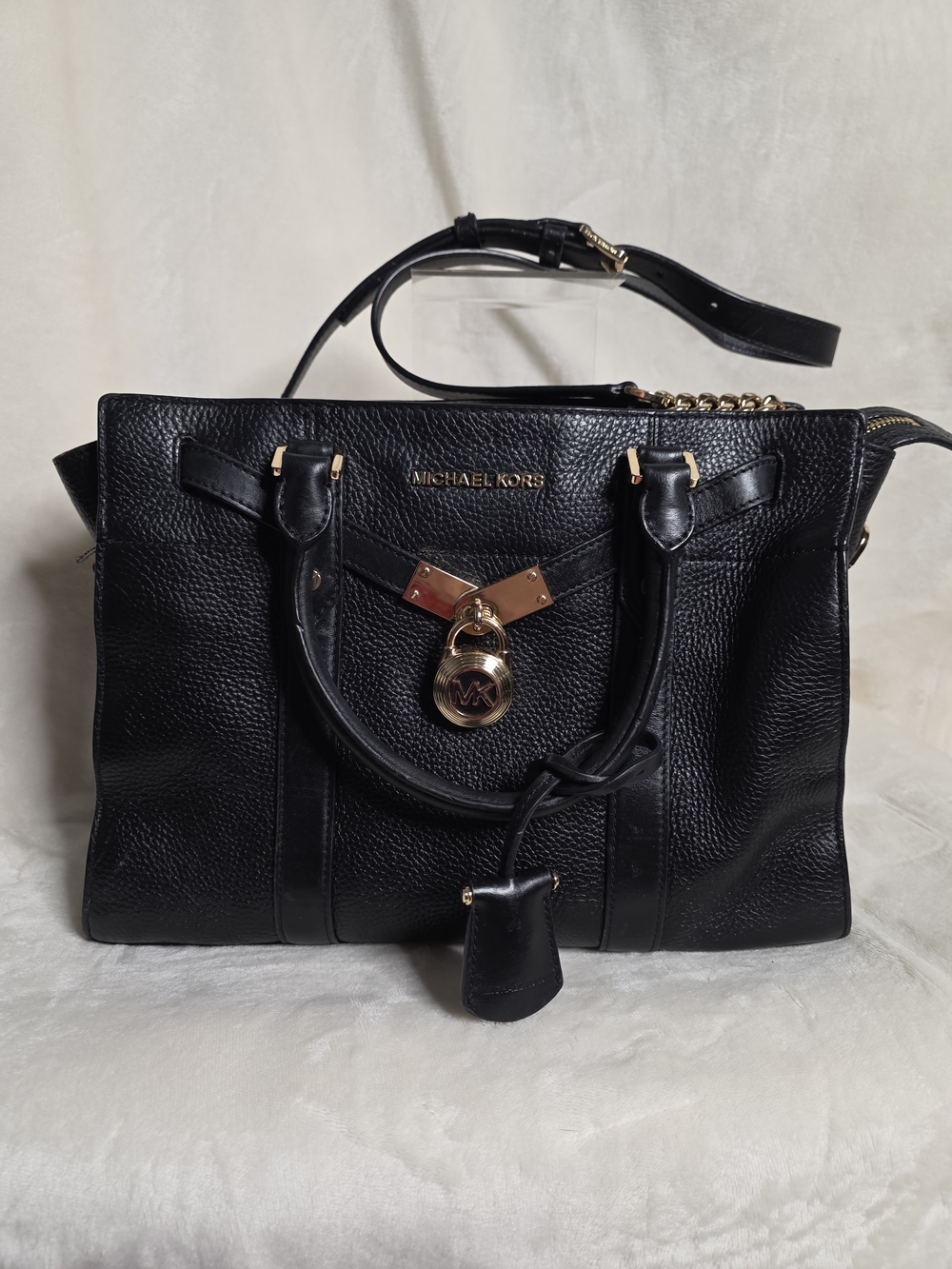 Michael Kors Nouveau Hamilton Large Pebbled Leather Satchel Bag - Black / Gold